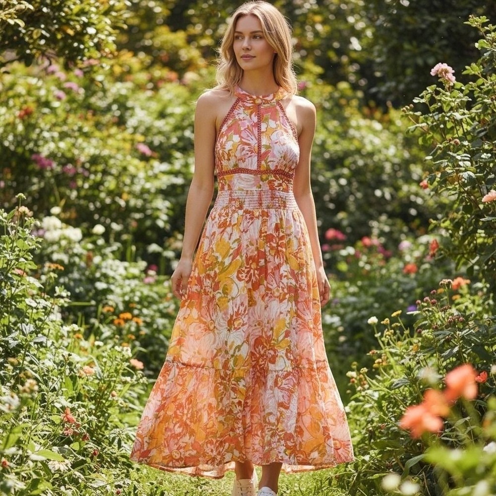Abel The Label Floral Maxi Dress Large Pink Orange TieBack Boho Sleeveless Rayon